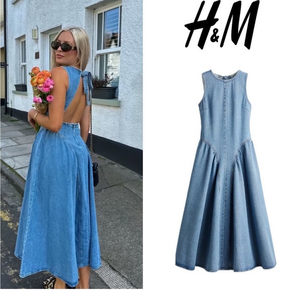 New H&M Viral Open Back Denim Dress - Picture 1 of 10